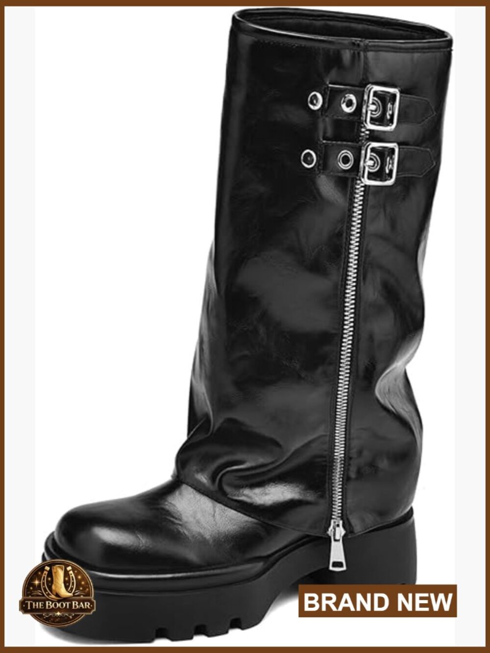 Knee High Boots Fold Over Platform Chunky Heel Moto Biker Wide Calf Square Toe
